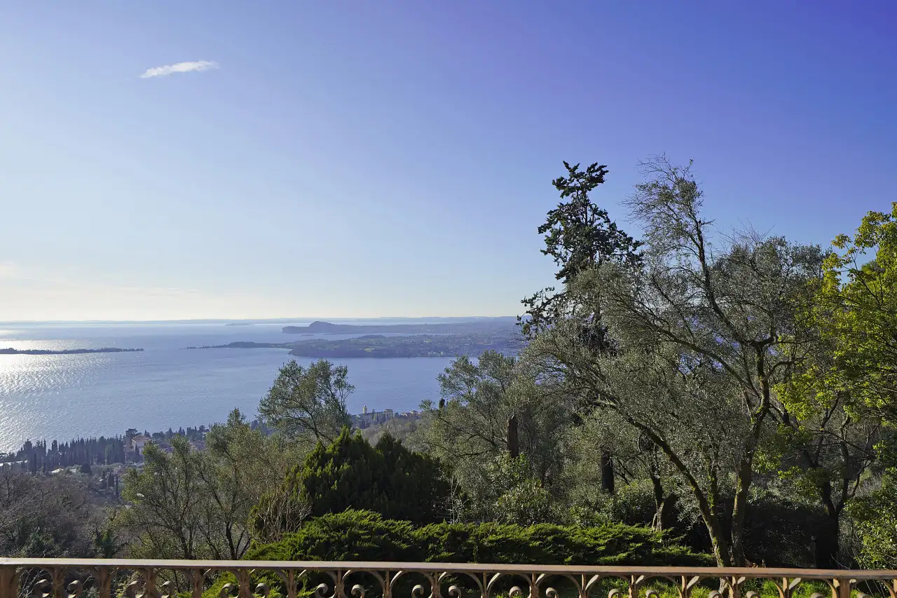 Panoramic lake view and vegetation from terrace with wrought iron railing