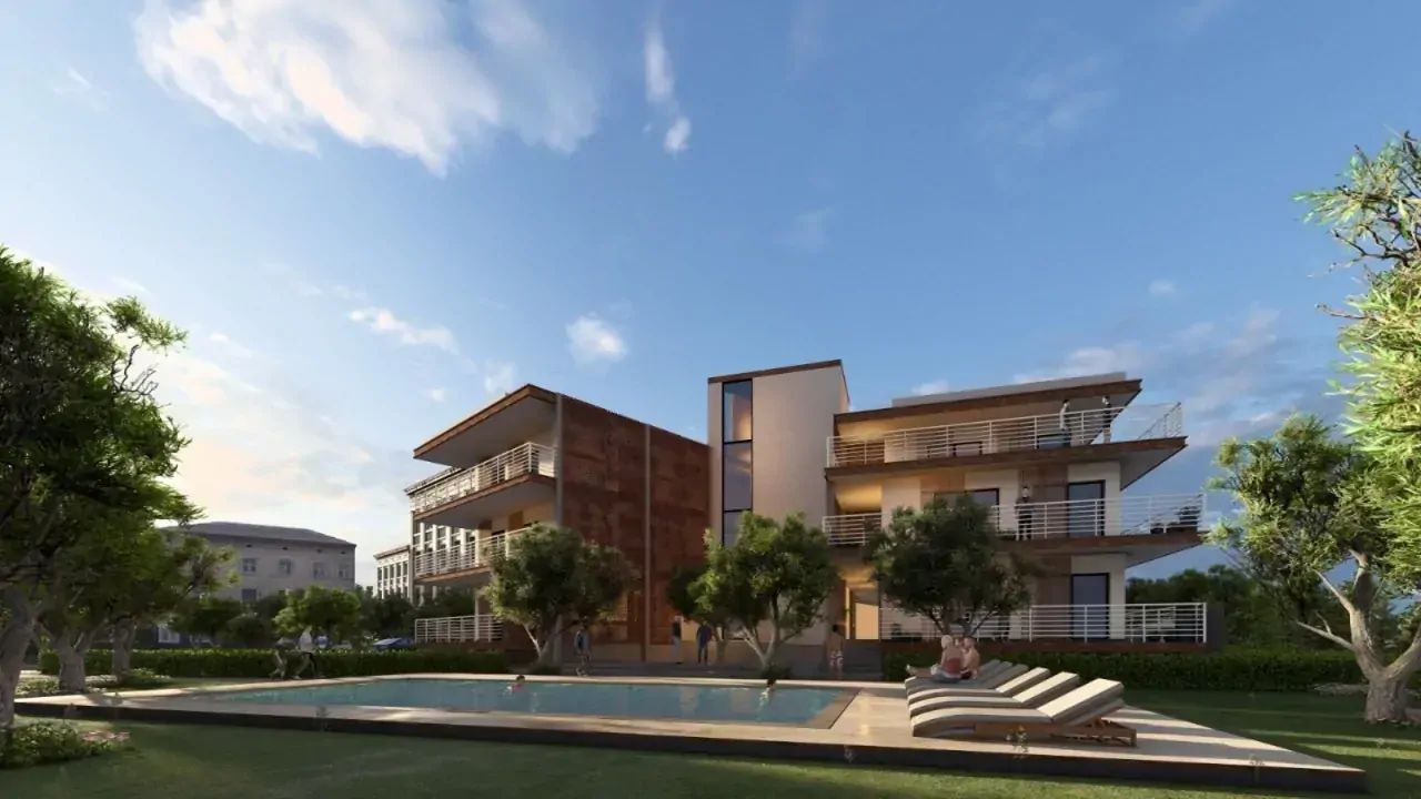 Exterior with swimming pool and two residential buildings