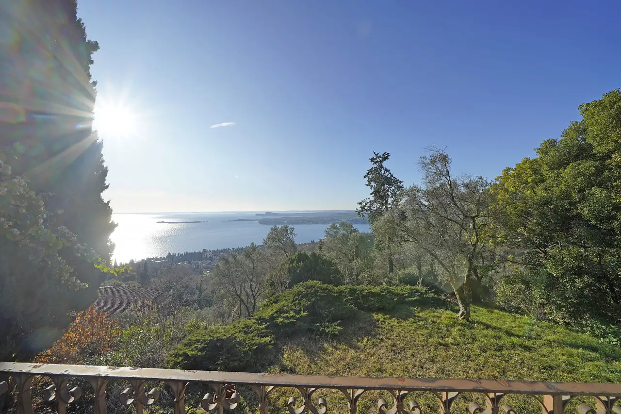Lake view from terrace with vegetation and low sun