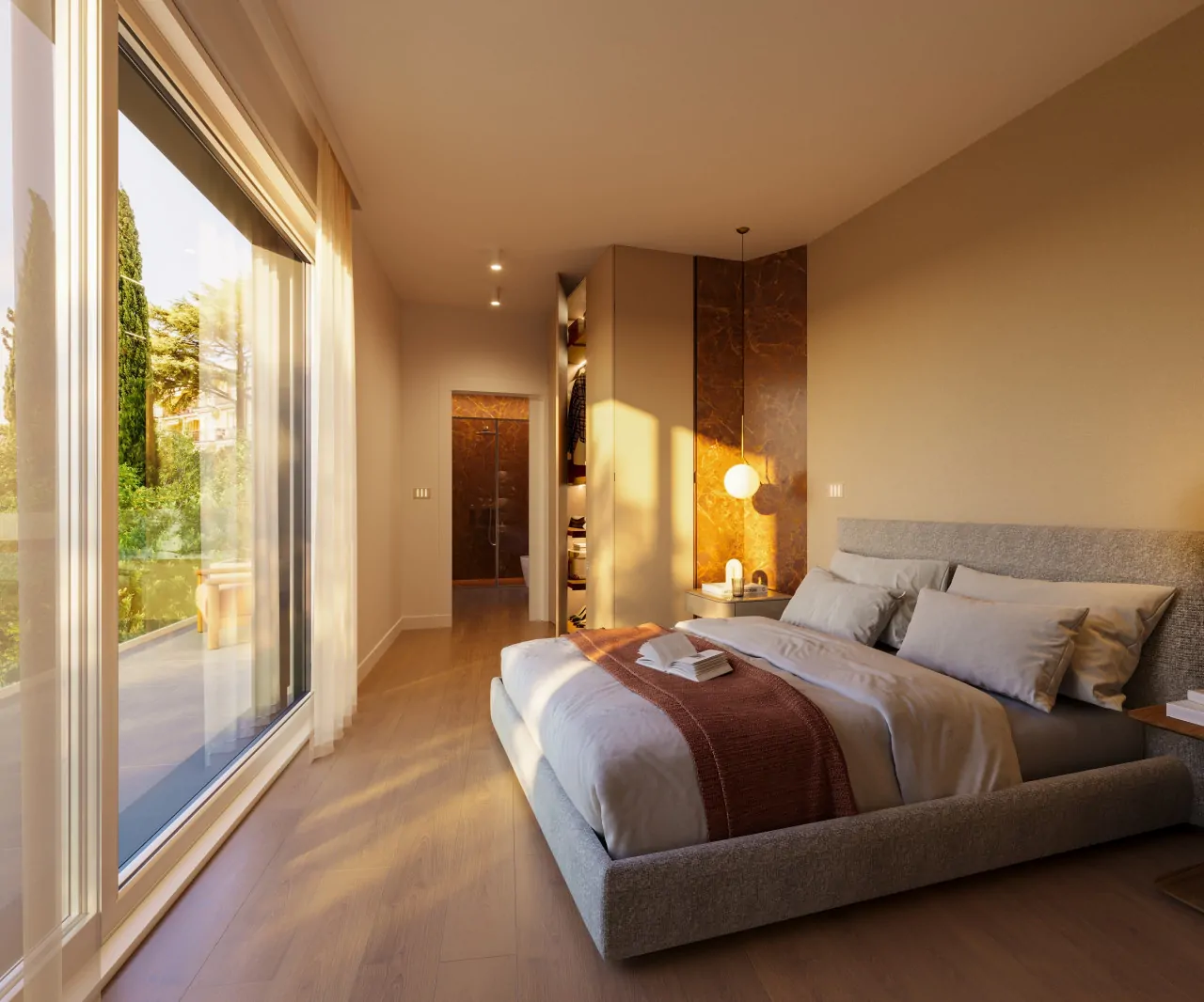 Schlafzimmer mit Doppelbett und Schiebefenster nach außen
