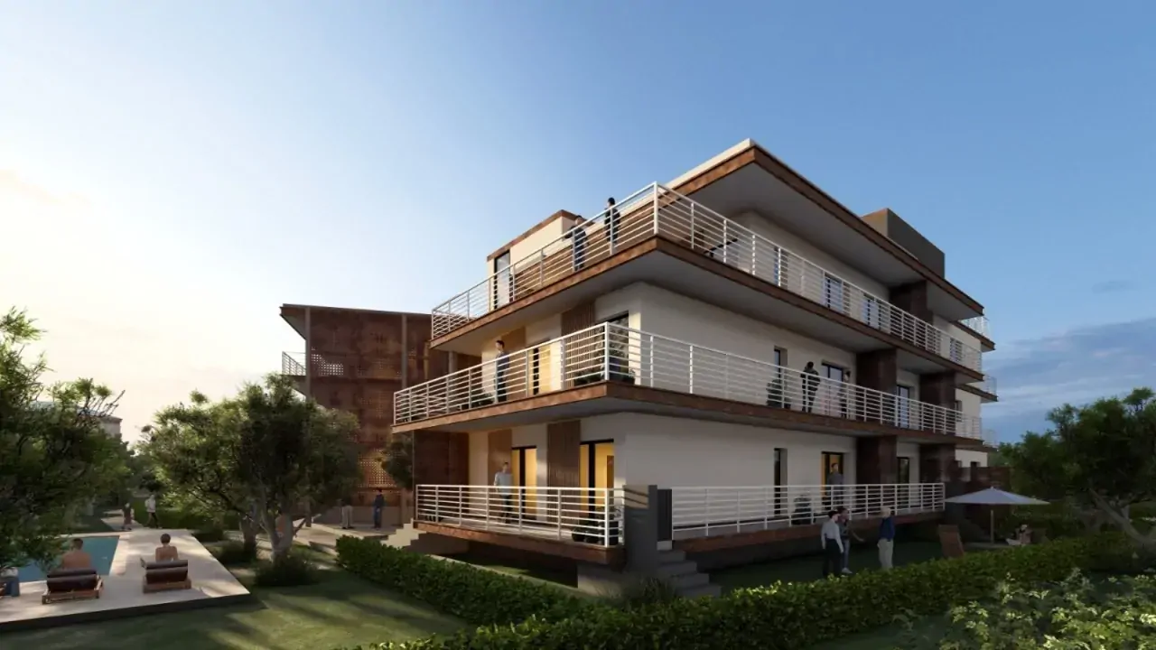 Modernes Gebäude mit Terrassen und Außenpool