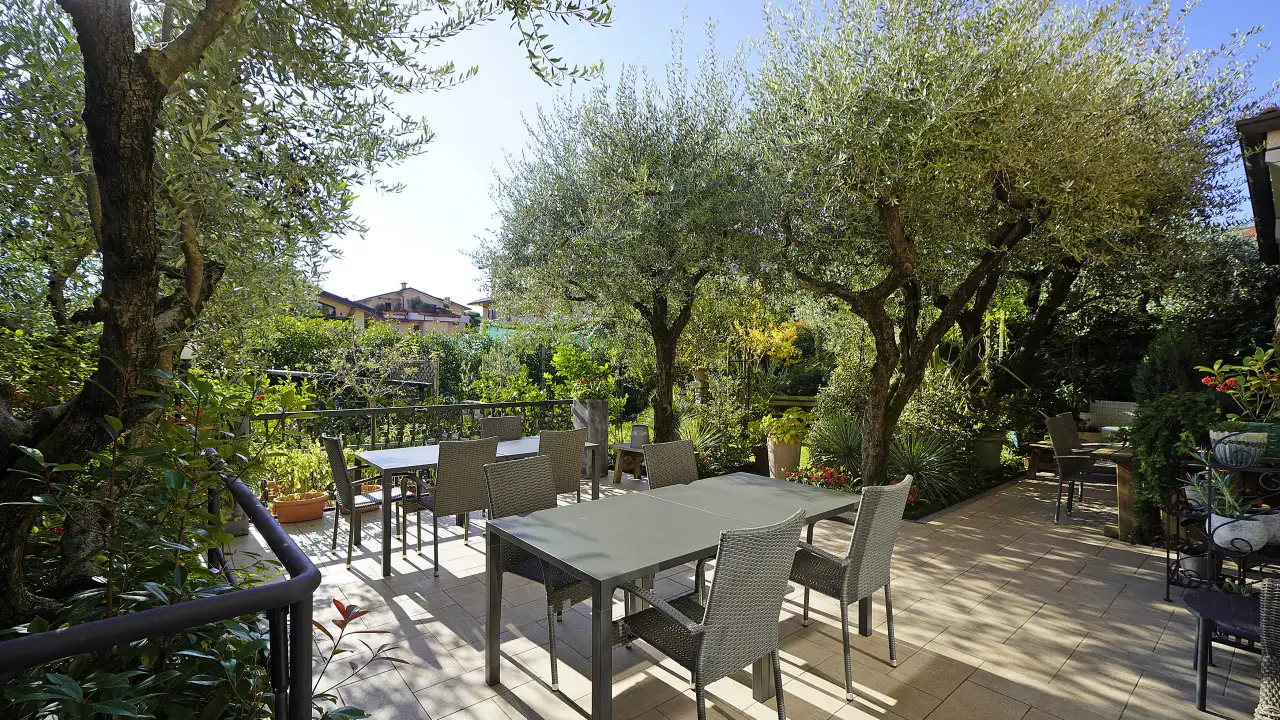 Garten mit Tischen und Stühlen im Freien unter Olivenbäumen