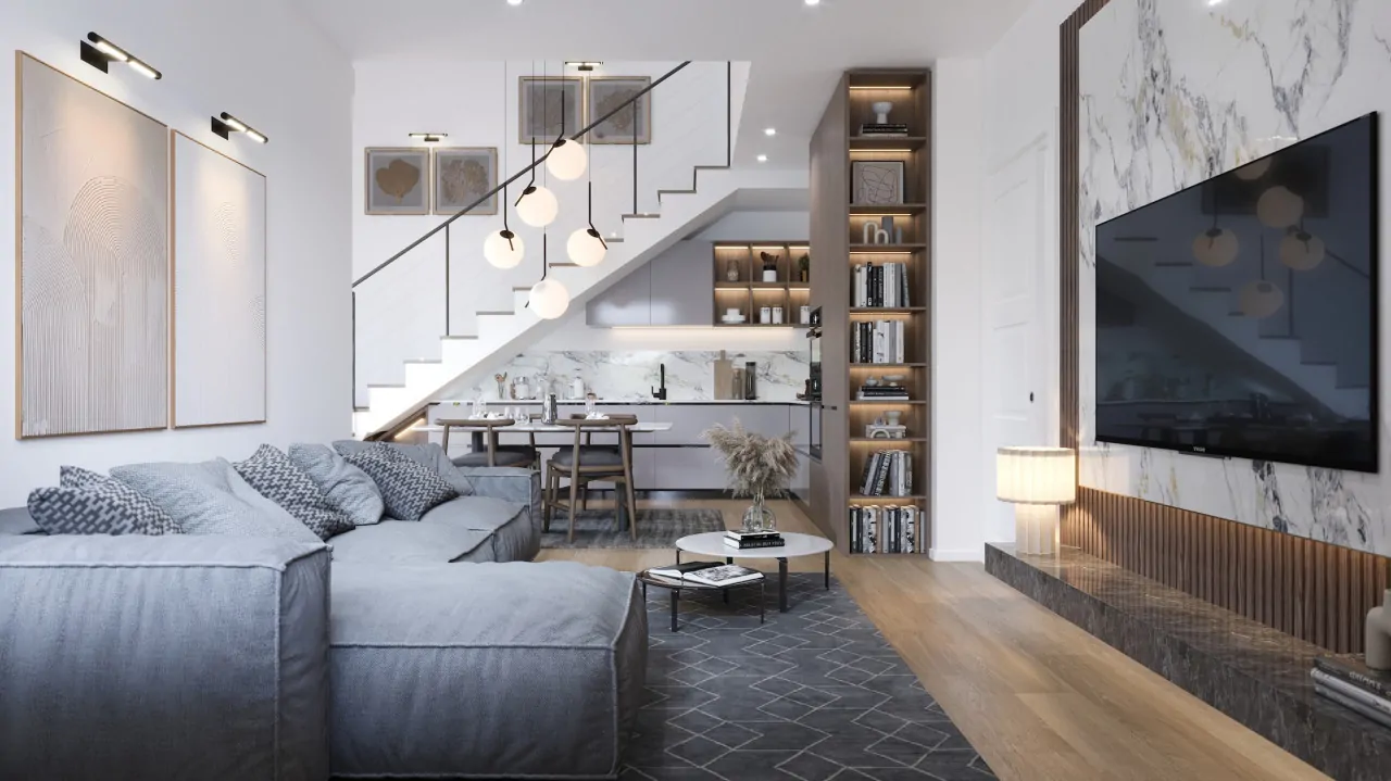 Living room with gray sofa and marble TV wall