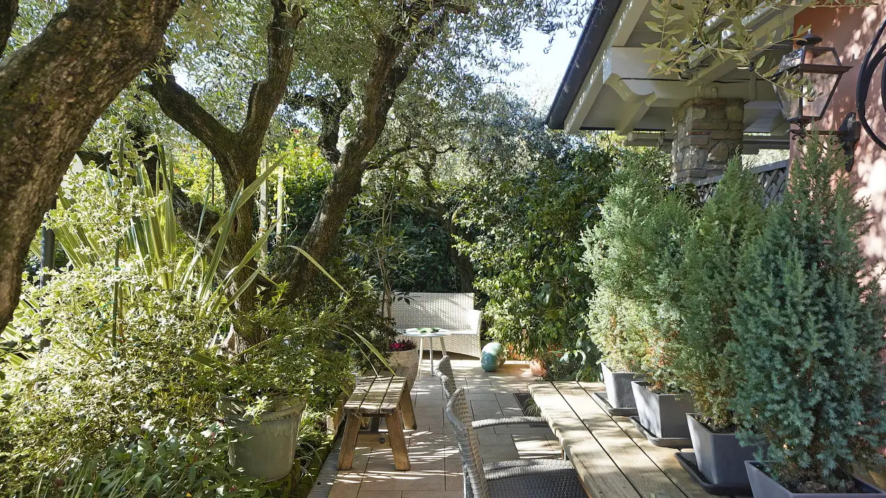 Garten mit Pflanzen und Außentisch