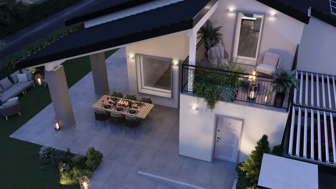 Exterior with terrace and covered dining area lit in the evening