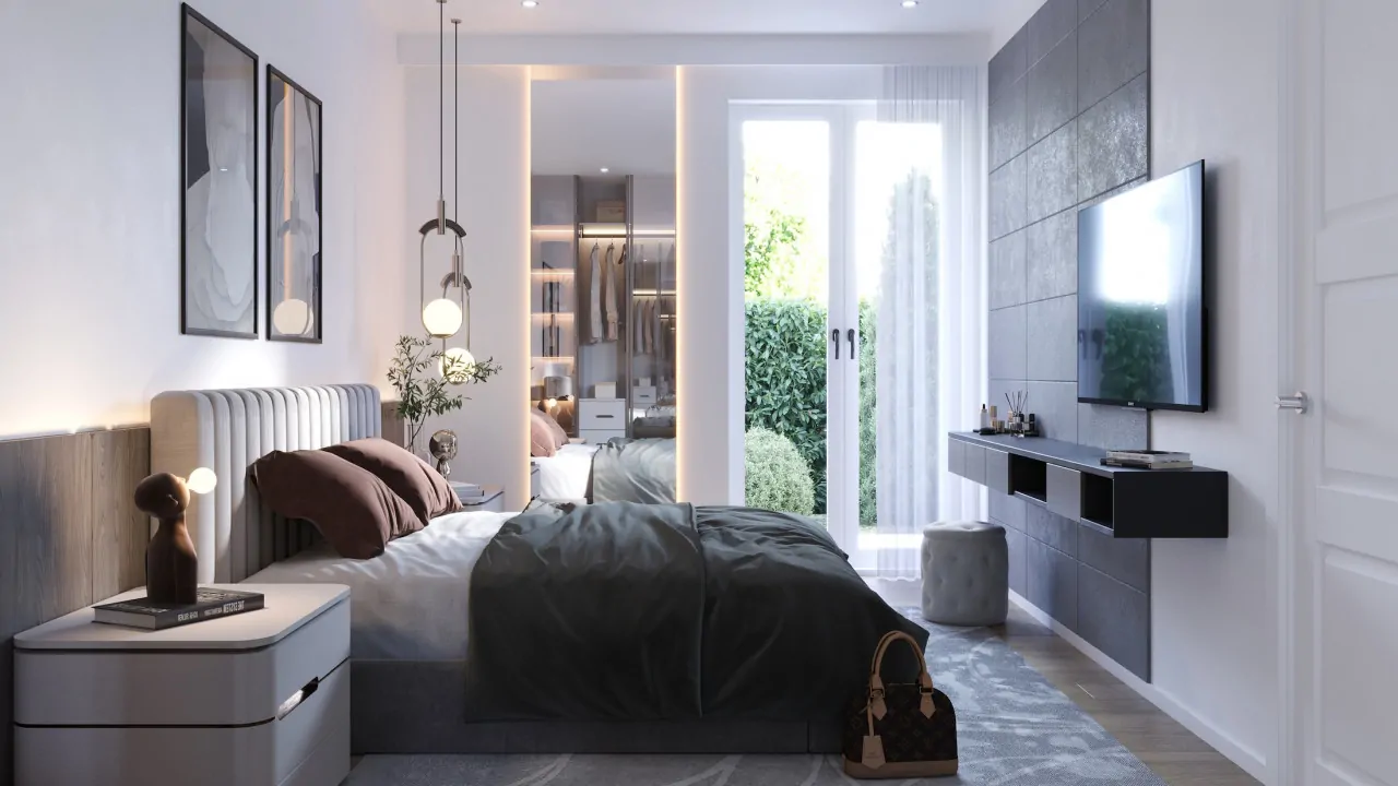 Bedroom with double bed and glass door to garden
