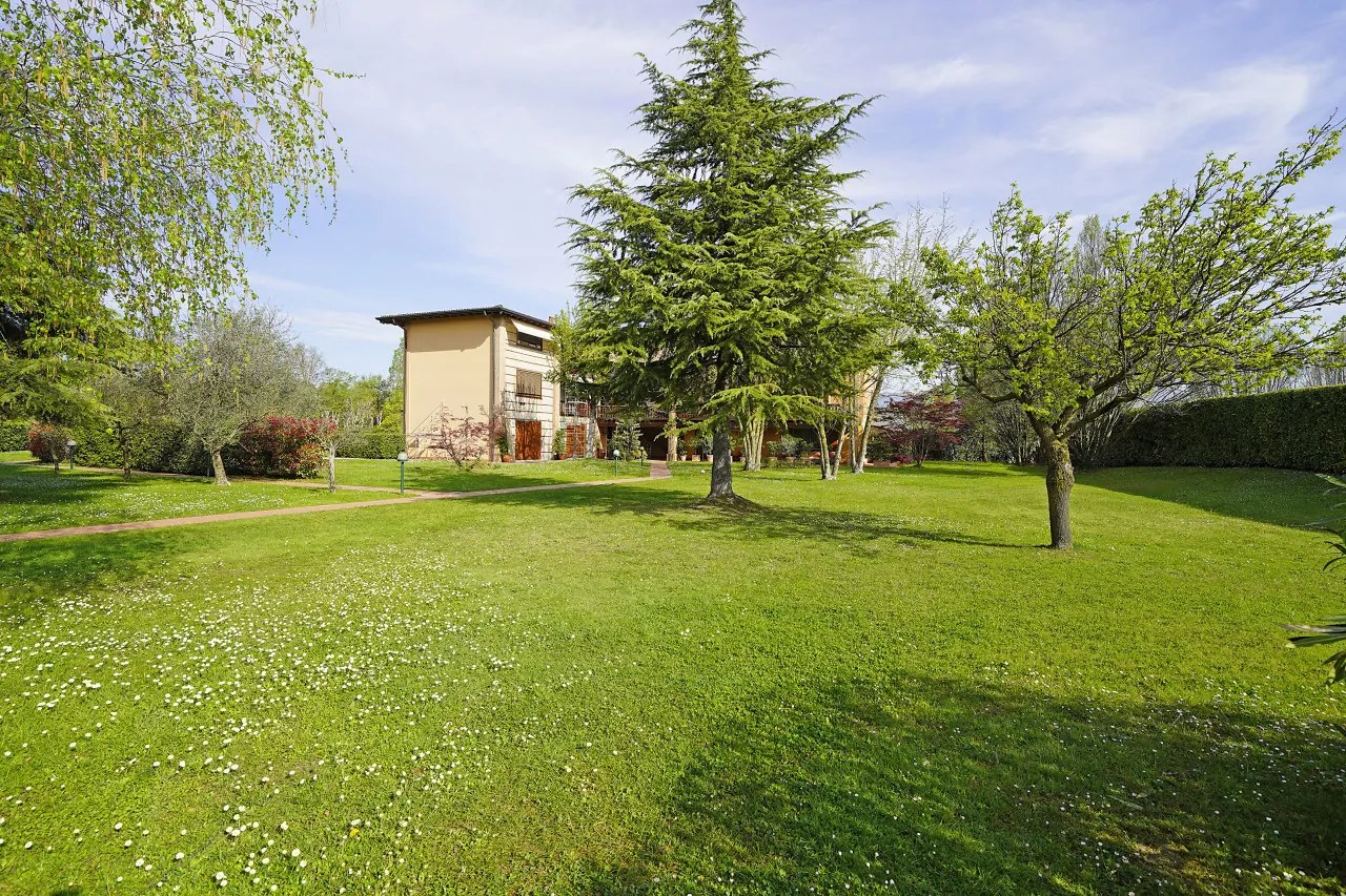 Garden with trees and green lawn in front of residential building