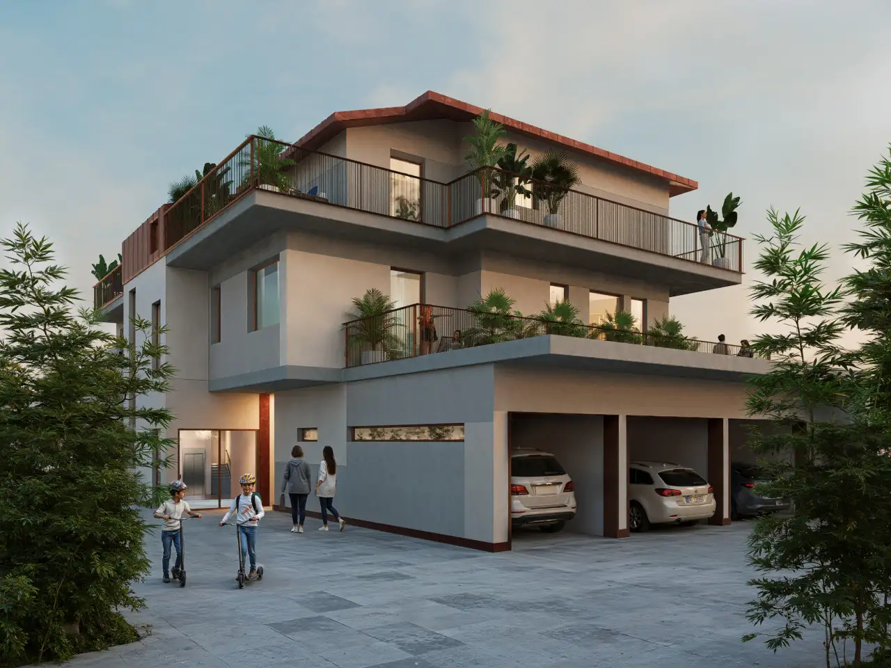Modern building with terraces and covered parking spaces