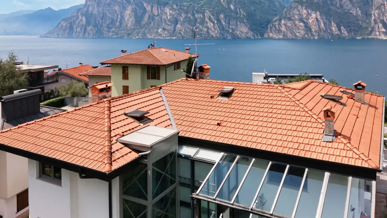 Vista aerea del tetto con lago e montagne sullo sfondo