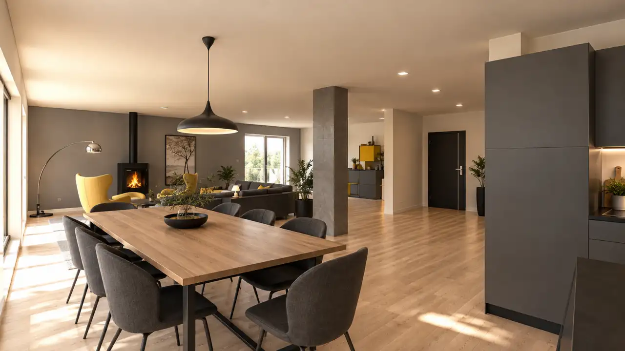 Wohnzimmer mit Esstisch und brennendem Kamin