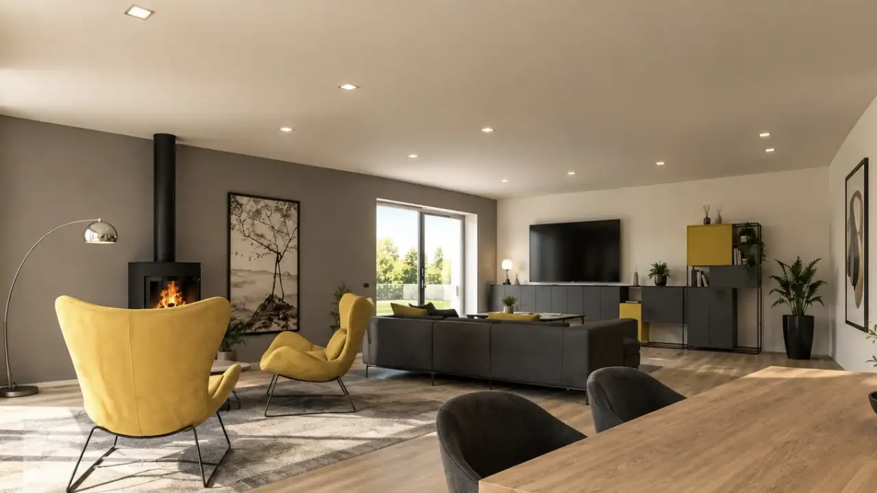 Wohnzimmer mit gelben Sesseln und brennendem Holzofen