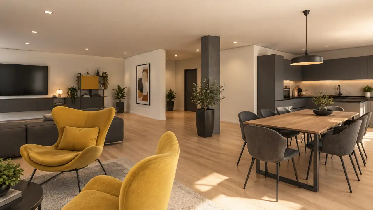 Wohnzimmer mit gelben Sesseln und angrenzendem Essbereich